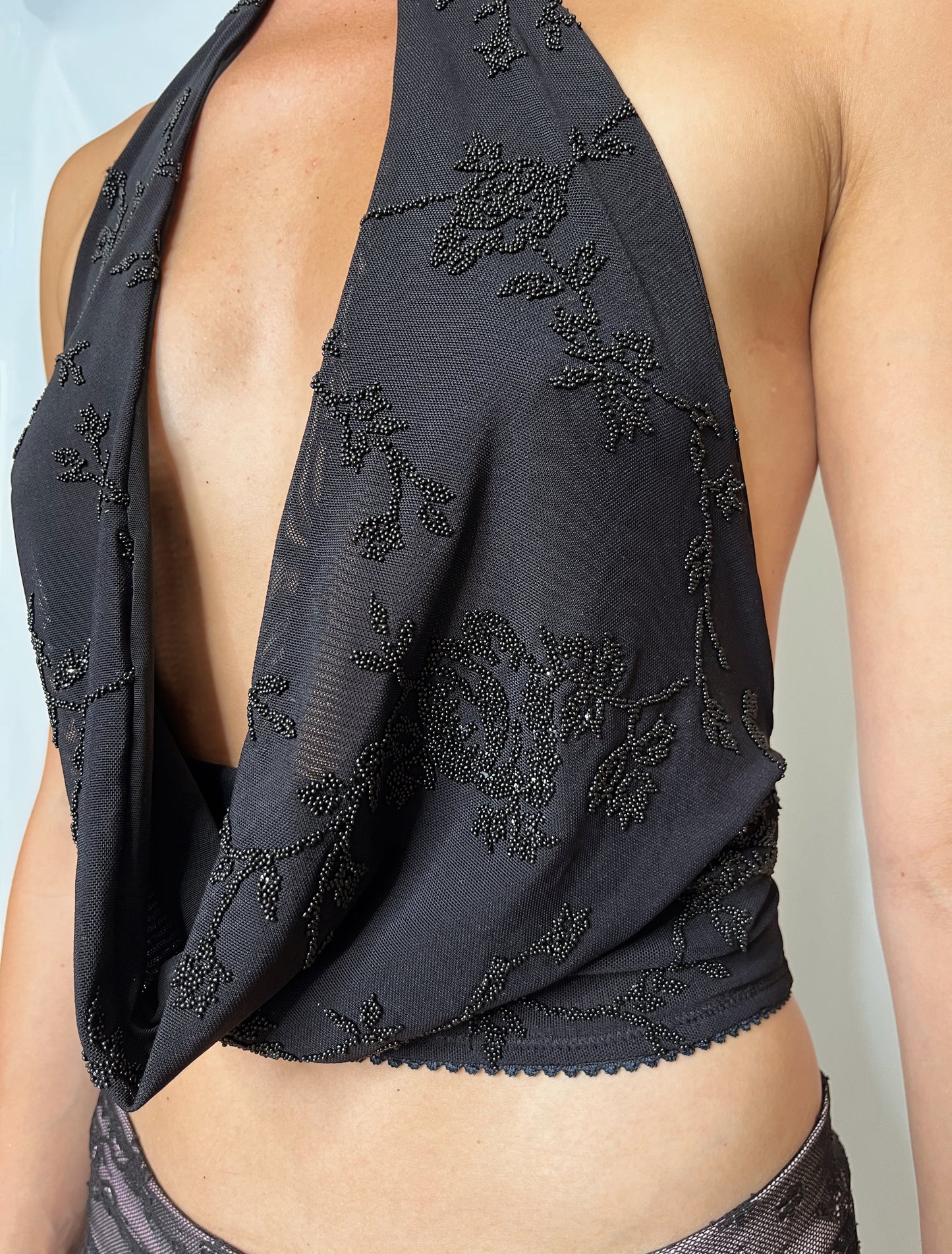 Aphrodite Midnight Backless Cowl Neck Top