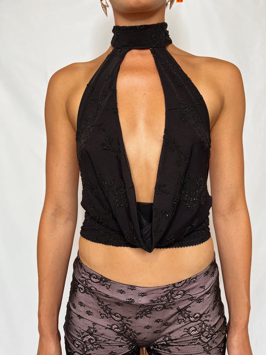 Aphrodite Midnight Backless Cowl Neck Top